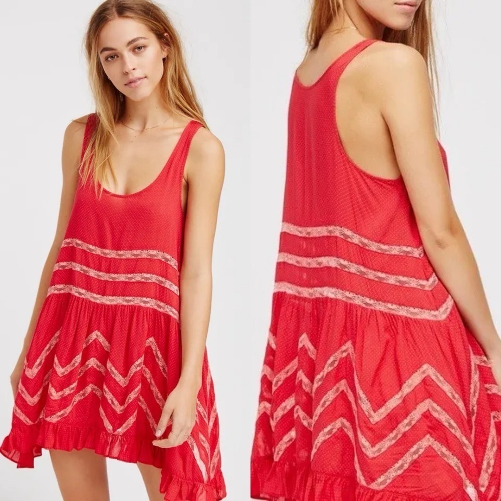 Free People Voile & Lace Trapeze Slip Cherry Red Polka Dot Sz XS